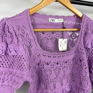 Zara Pointelle Knit Lilac Top Size Small